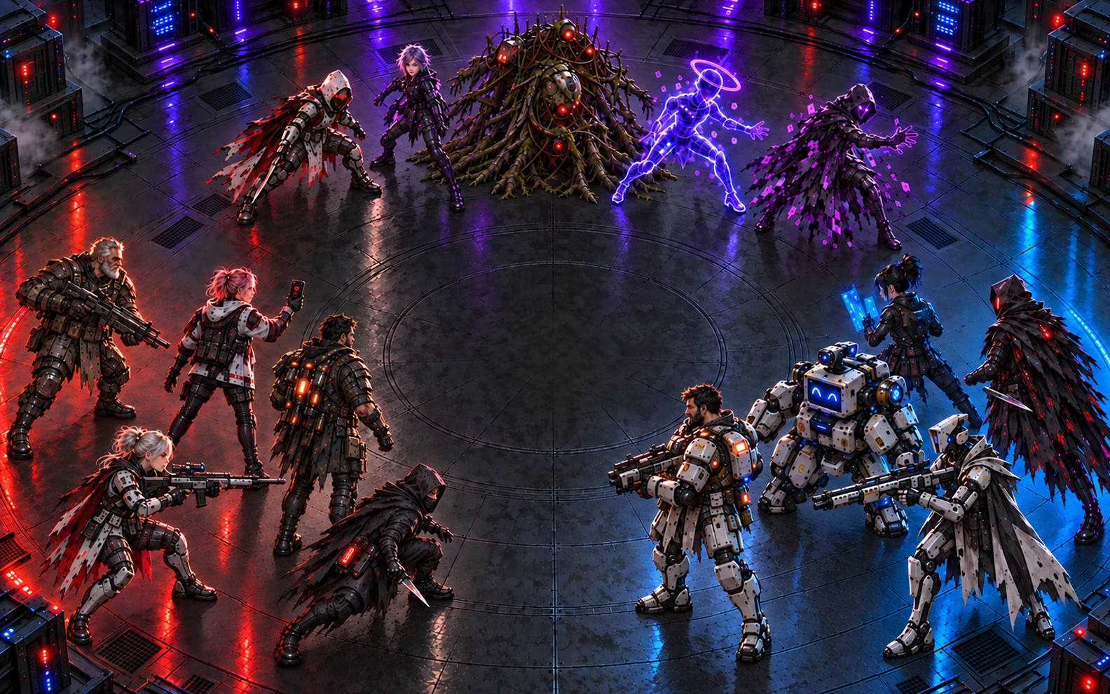 Three rival factions face one another in a neon-lit datacenter, forming a Y-shaped standoff.