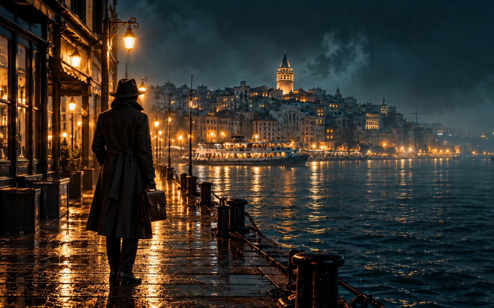 Gece yağmurlu bir İstanbul rıhtımında uzun paltolu bir dedektif, arkada Galata Kulesi.